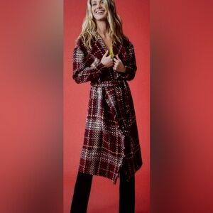 RAMY BROOK Bryan Plaid Tweed Wool Blend Coat Sweater Jacket Large Burgundy Red